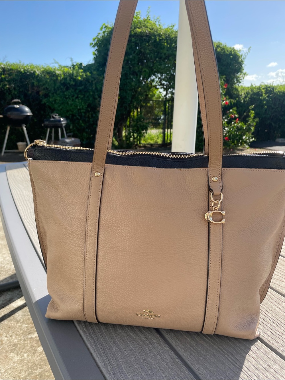 Coach May Pebble Leather Tote in Tan and Black Trim
